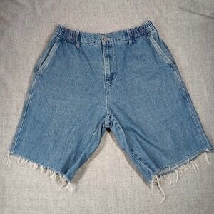 WKND Bermuda Shorts Mens Large Blue Denim Elastic Waist Raw Hem Relaxed Casual‎